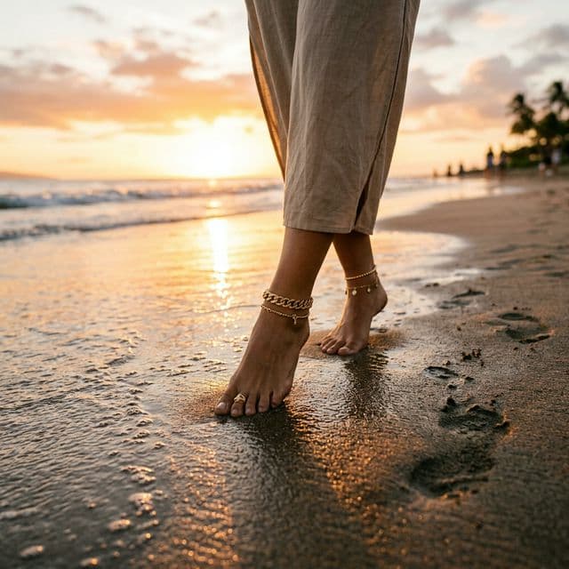 Feet adorned with gold jewelry on a beach at sunset